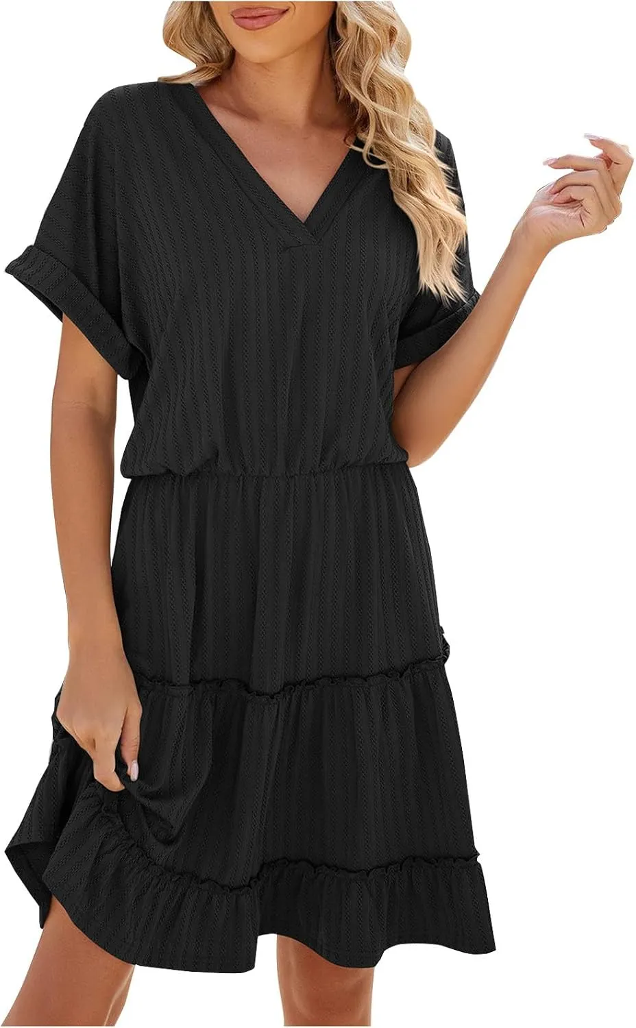 Mini Dress Women Summer Casual V Neck Short Sleeve Going Out Dresses Elegant Tiered Crochet Beach A Line Short Dress