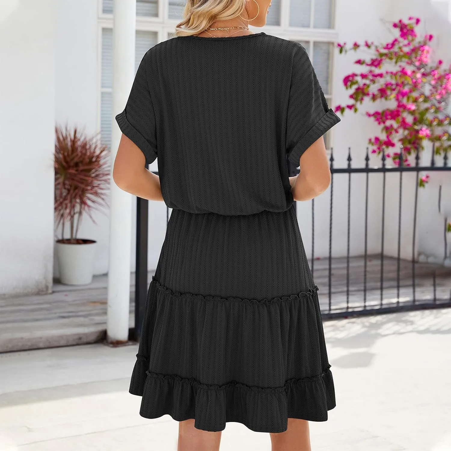 Mini Dress Women Summer Casual V Neck Short Sleeve Going Out Dresses Elegant Tiered Crochet Beach A Line Short Dress