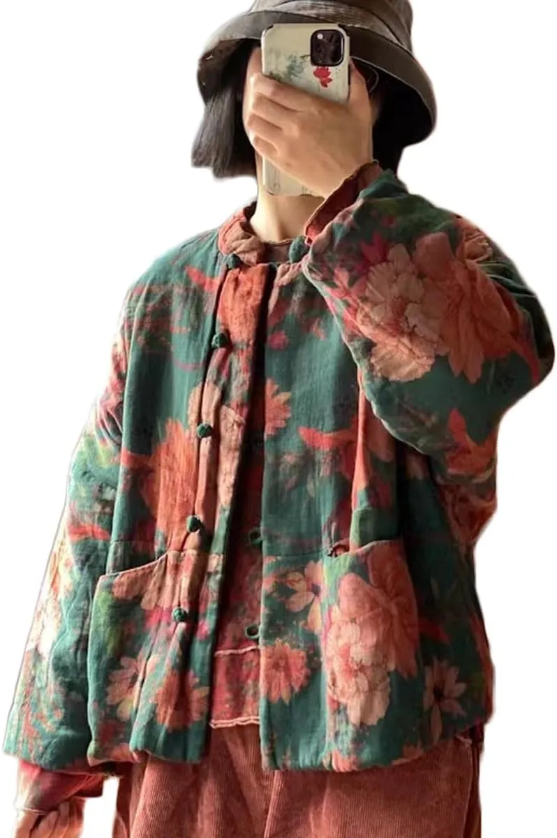 NFYM Women's Flower Quilted Cropped Jacket Casual Handmade Button Down Cotton Padded Coat Outwear
