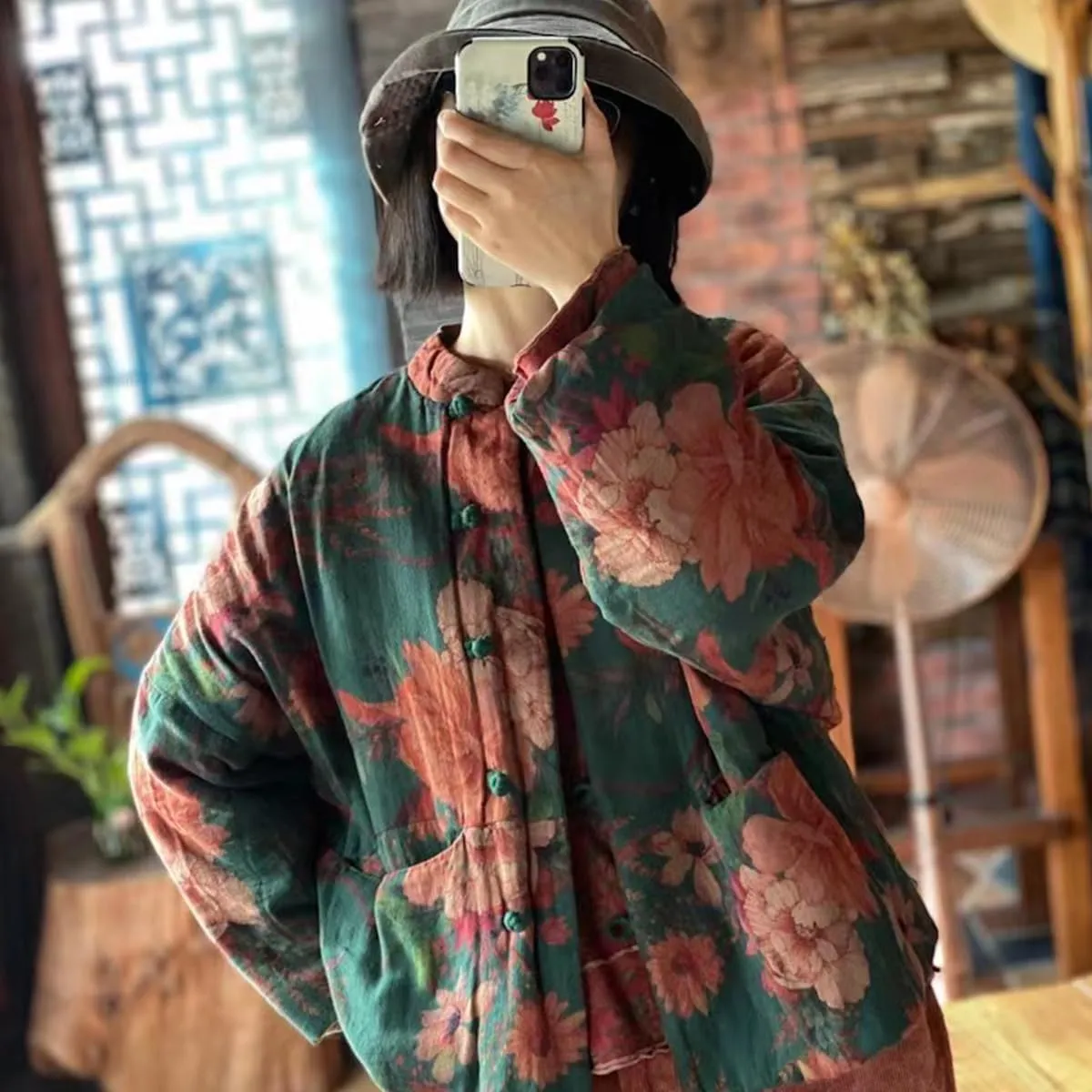 NFYM Women's Flower Quilted Cropped Jacket Casual Handmade Button Down Cotton Padded Coat Outwear