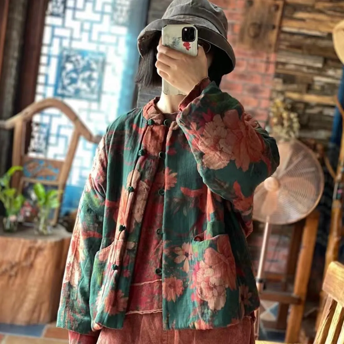 NFYM Women's Flower Quilted Cropped Jacket Casual Handmade Button Down Cotton Padded Coat Outwear