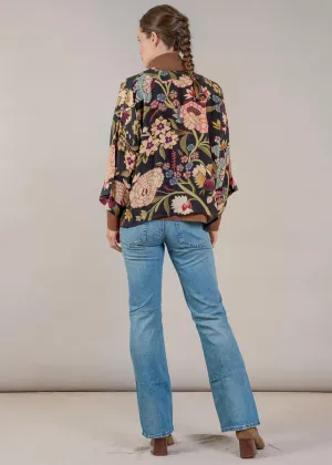 One Hundred Stars Dahlia Crepe Short Kimono Black