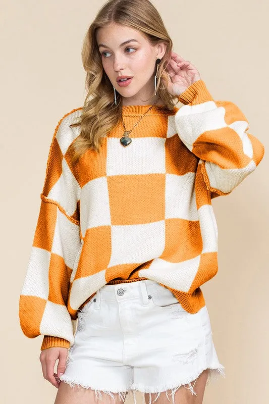 Plaid Exposed Seam Bishop Sleeve Sweater-SHIPS DIRECTLY TO YOU!