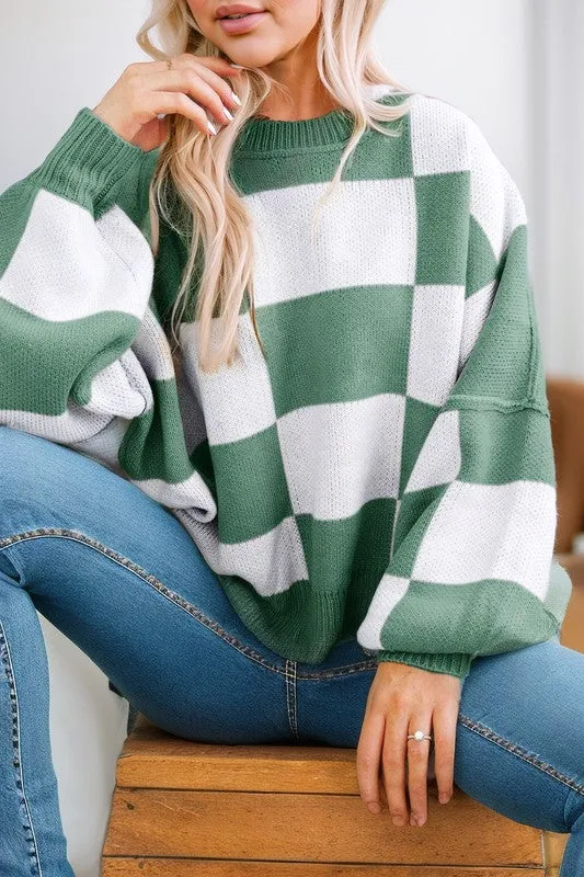 Plaid Exposed Seam Bishop Sleeve Sweater-SHIPS DIRECTLY TO YOU!