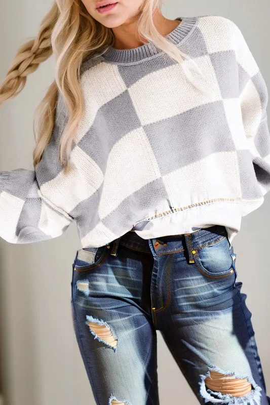 Plaid Exposed Seam Bishop Sleeve Sweater-SHIPS DIRECTLY TO YOU!