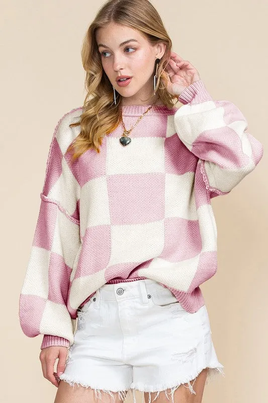 Plaid Exposed Seam Bishop Sleeve Sweater-SHIPS DIRECTLY TO YOU!