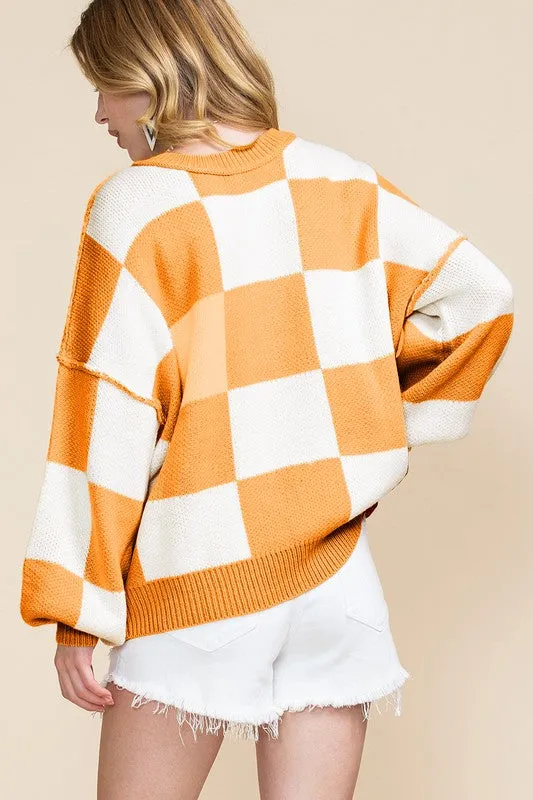 Plaid Exposed Seam Bishop Sleeve Sweater-SHIPS DIRECTLY TO YOU!