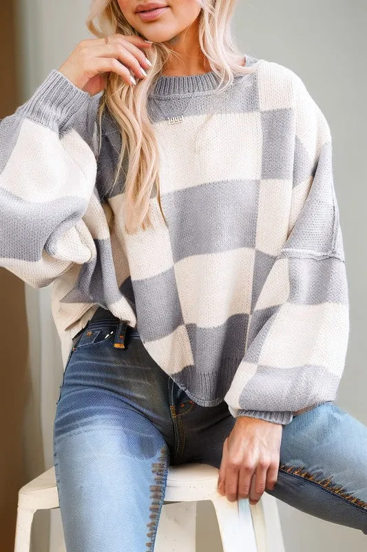 Plaid Exposed Seam Bishop Sleeve Sweater-SHIPS DIRECTLY TO YOU!