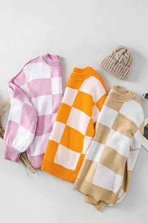 Plaid Exposed Seam Bishop Sleeve Sweater-SHIPS DIRECTLY TO YOU!