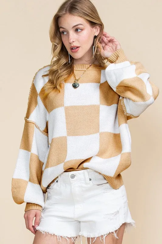Plaid Exposed Seam Bishop Sleeve Sweater-SHIPS DIRECTLY TO YOU!