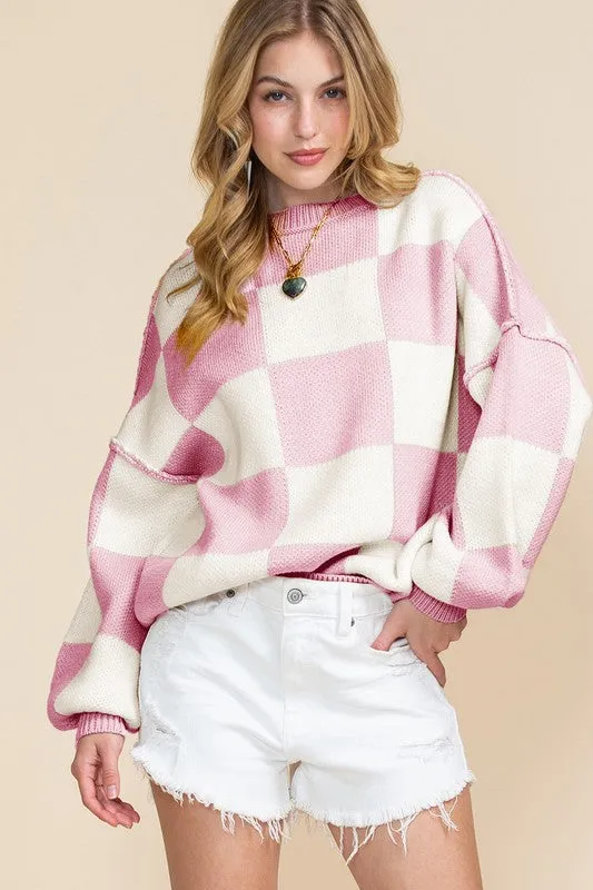 Plaid Exposed Seam Bishop Sleeve Sweater-SHIPS DIRECTLY TO YOU!