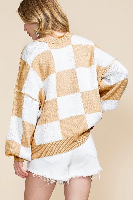 Plaid Exposed Seam Bishop Sleeve Sweater-SHIPS DIRECTLY TO YOU!