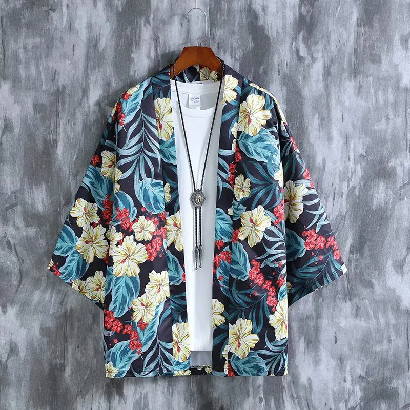 Popular Hawaii Shirt Three Quarter Hong Kong Chic Thin Men Women ins Beach Loose Printed Men Shirt