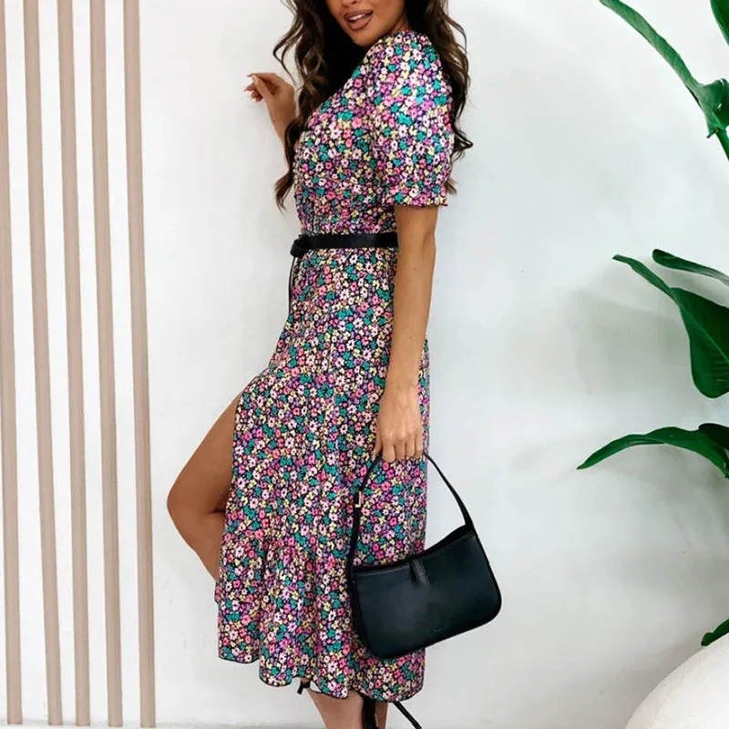 Puff Short Sleeve with Belt Chic Print V-neck Elegant High Split Floral Sweet Dress