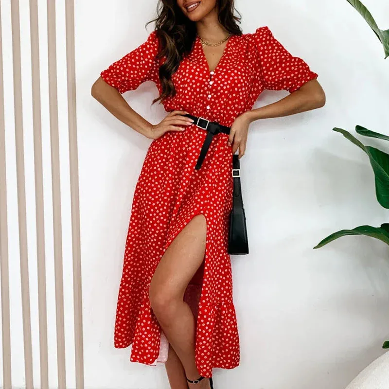 Puff Short Sleeve with Belt Chic Print V-neck Elegant High Split Floral Sweet Dress