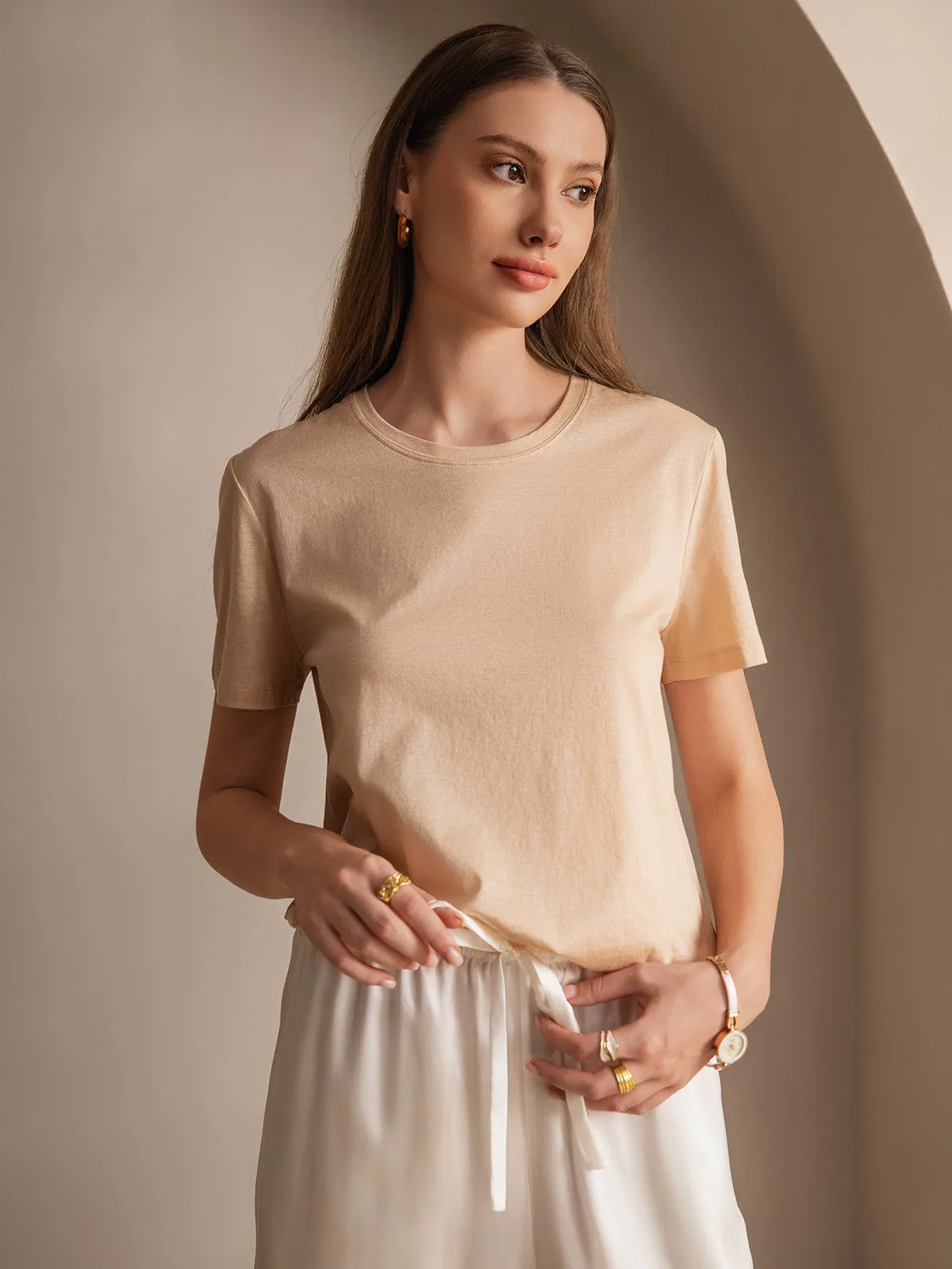 Seide Gestrickt Basic Rundhals T-Shirt