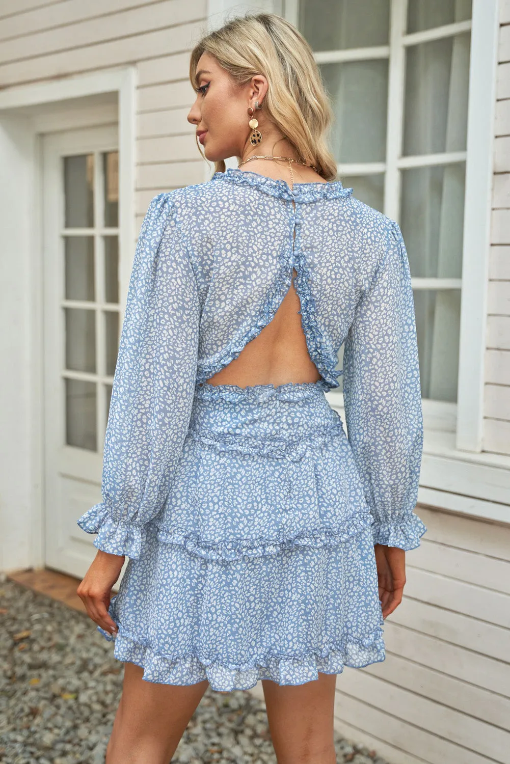 Sky Blue Ruffle Detailing V-Neck Open Back Floral Dress