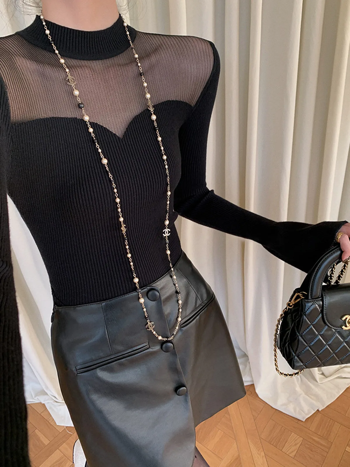 Solid Contrast Sheer Trendy Trumpet Cuff Mesh Top