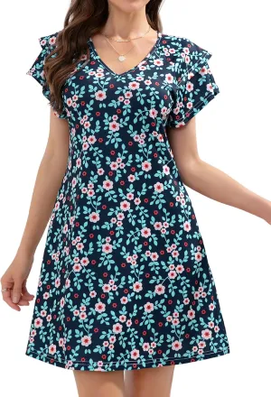 Summer Dresses for Women 2025 Casual Ruffle Sleeves Mini Dress Sundresses Floral Boho Beach Dresses with Pockets