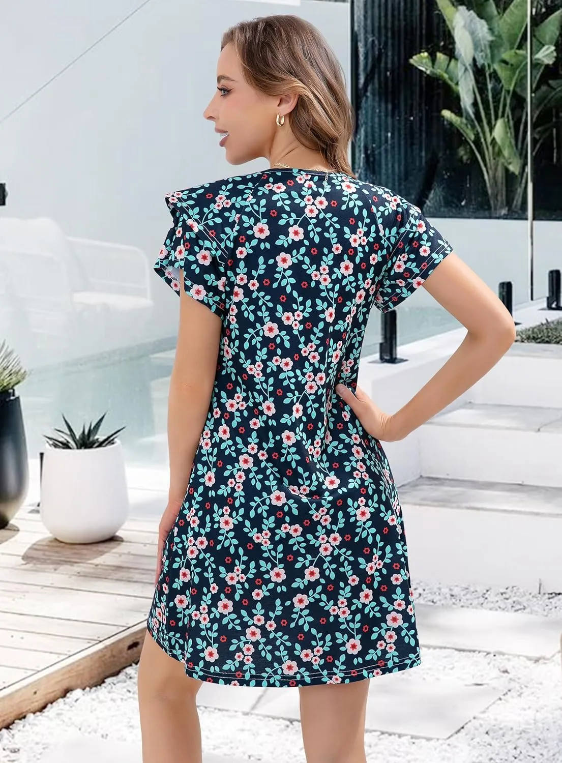 Summer Dresses for Women 2025 Casual Ruffle Sleeves Mini Dress Sundresses Floral Boho Beach Dresses with Pockets