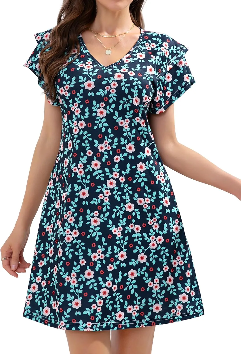 Summer Dresses for Women 2025 Casual Ruffle Sleeves Mini Dress Sundresses Floral Boho Beach Dresses with Pockets