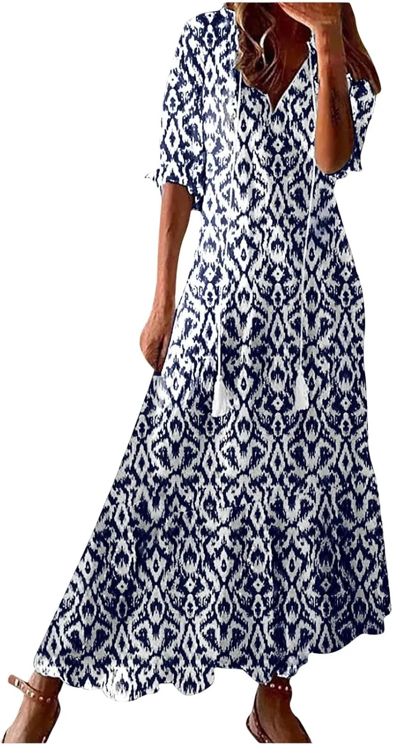 Summer Maxi Dresses for Women 2025 Vacation 3/4 Sleeve Boho Floral Long Dresses V Neck Casual Comfy Loose Dress