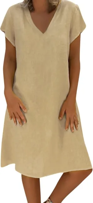 Summer Tshirt Dresses for Women Cotton Linen Short Sleeve V Neck Dress Plus Size Casual Loose Fit Mini Dresses