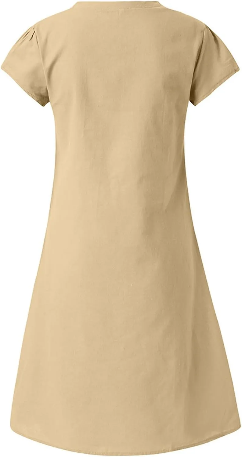 Summer Tshirt Dresses for Women Cotton Linen Short Sleeve V Neck Dress Plus Size Casual Loose Fit Mini Dresses