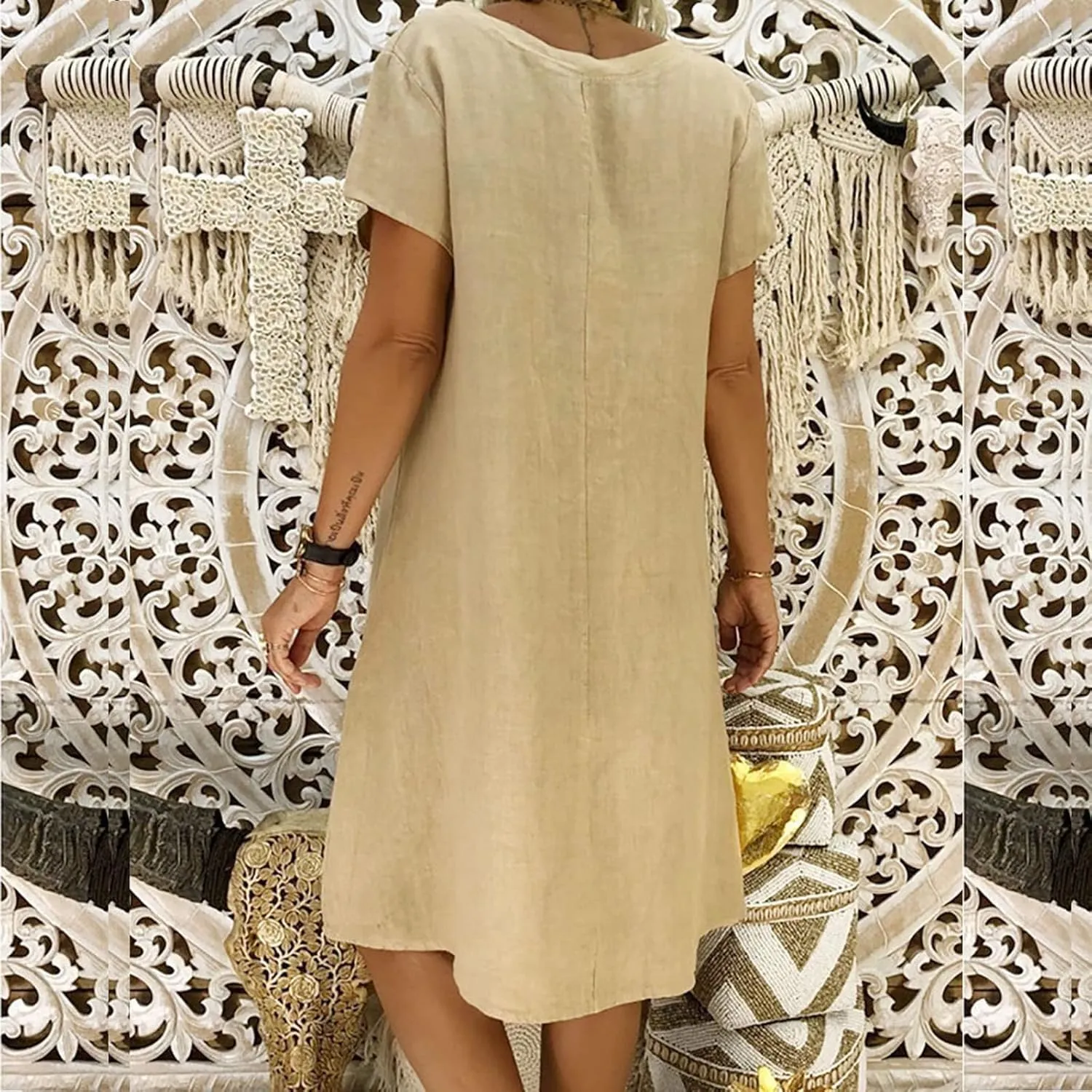 Summer Tshirt Dresses for Women Cotton Linen Short Sleeve V Neck Dress Plus Size Casual Loose Fit Mini Dresses