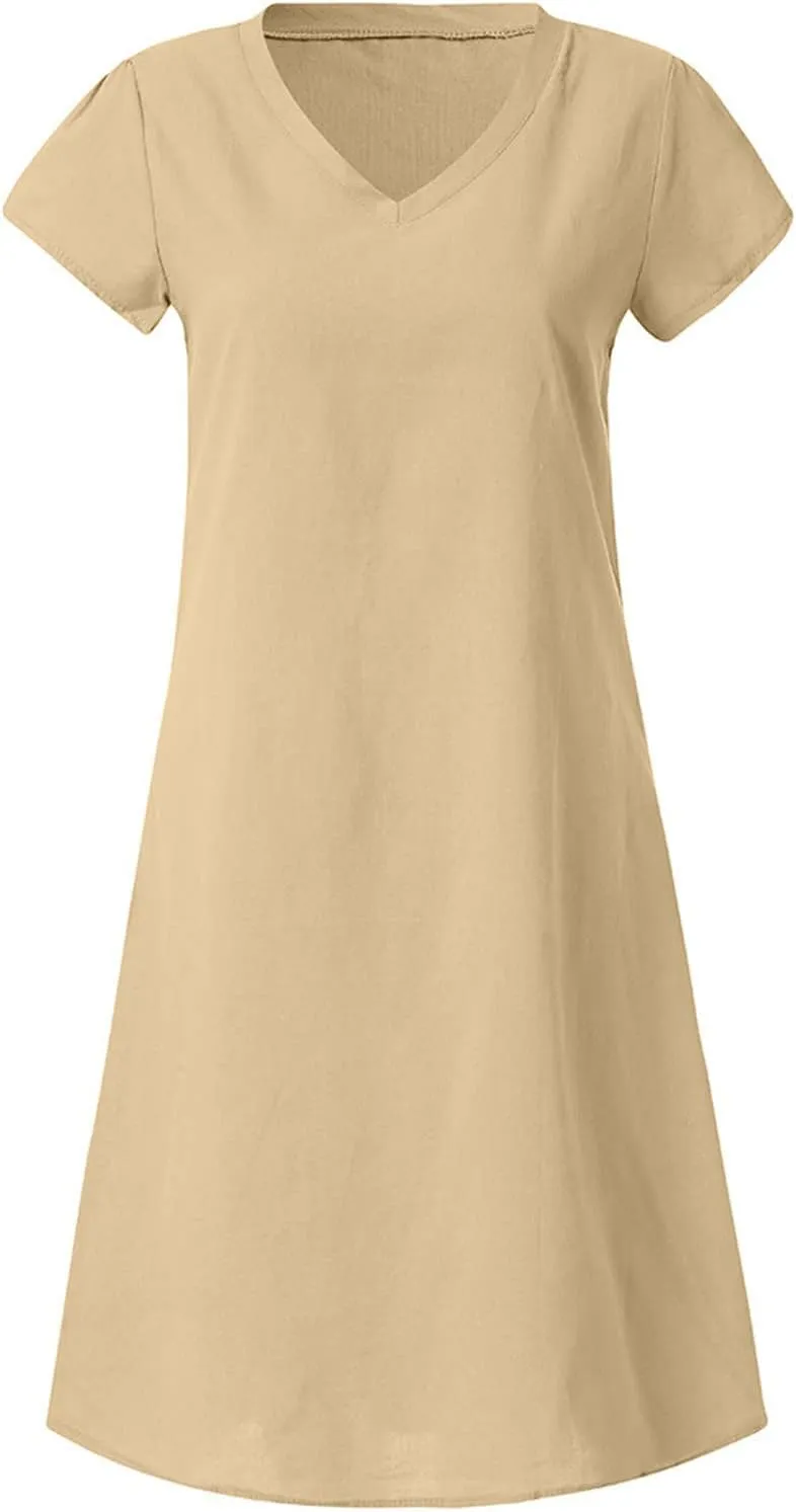 Summer Tshirt Dresses for Women Cotton Linen Short Sleeve V Neck Dress Plus Size Casual Loose Fit Mini Dresses