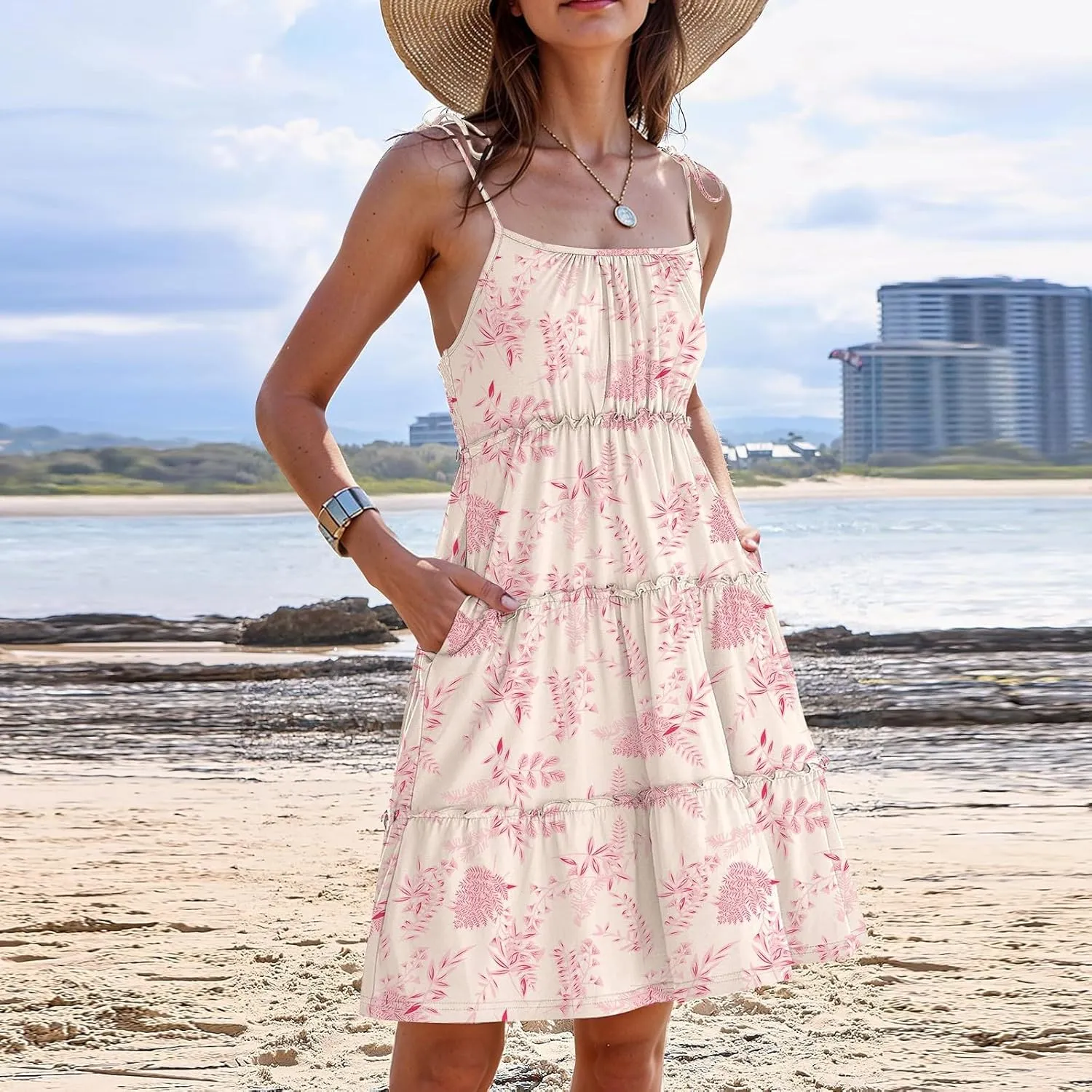 Sundresses for Women 2025 Floral Tiered Mini Skater Dress Cute Summer Spaghetti Strap Flowy Babydoll Sun Dress