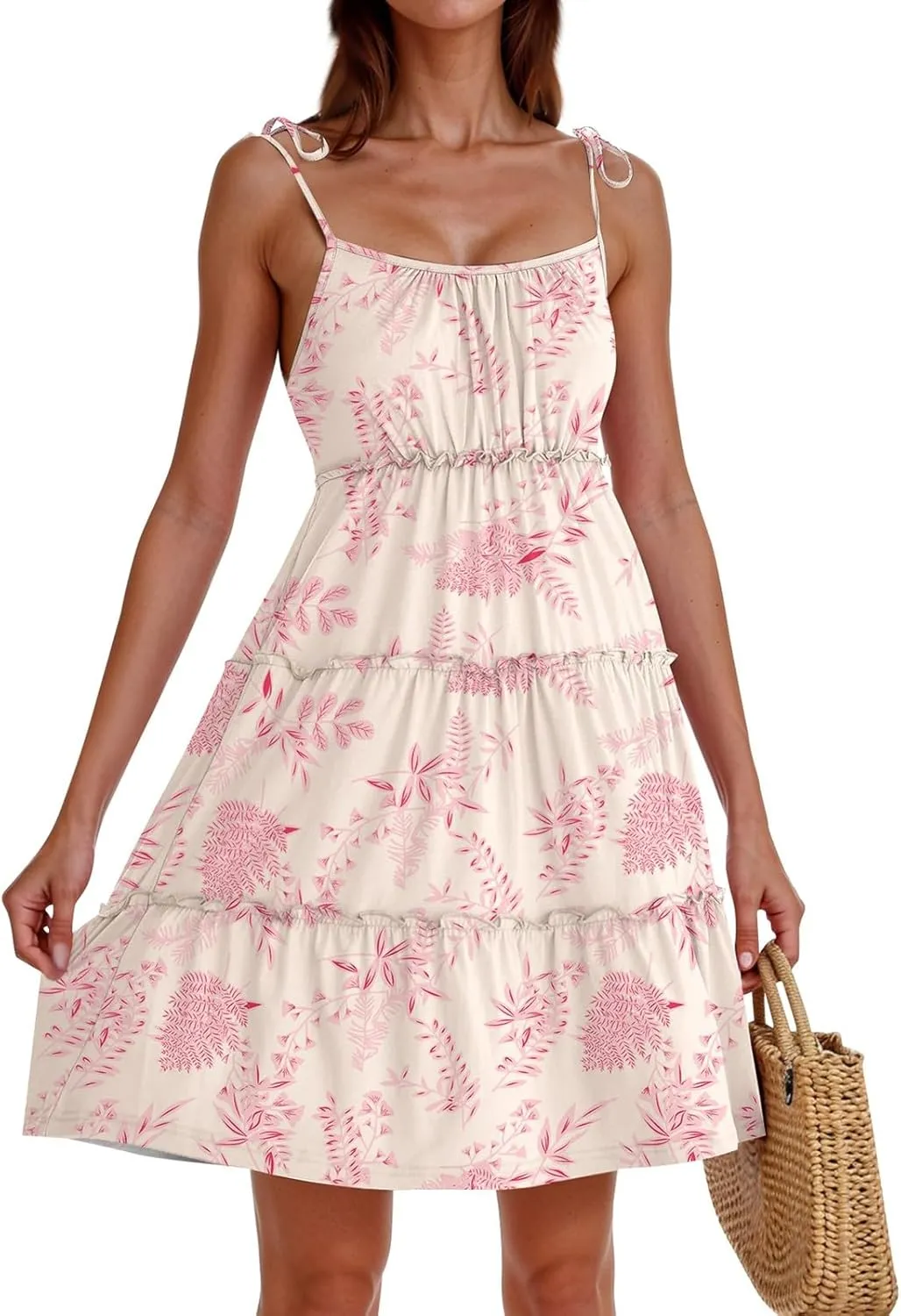 Sundresses for Women 2025 Floral Tiered Mini Skater Dress Cute Summer Spaghetti Strap Flowy Babydoll Sun Dress