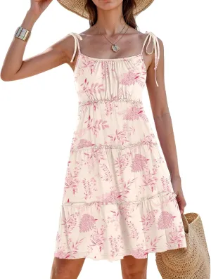 Sundresses for Women 2025 Floral Tiered Mini Skater Dress Cute Summer Spaghetti Strap Flowy Babydoll Sun Dress