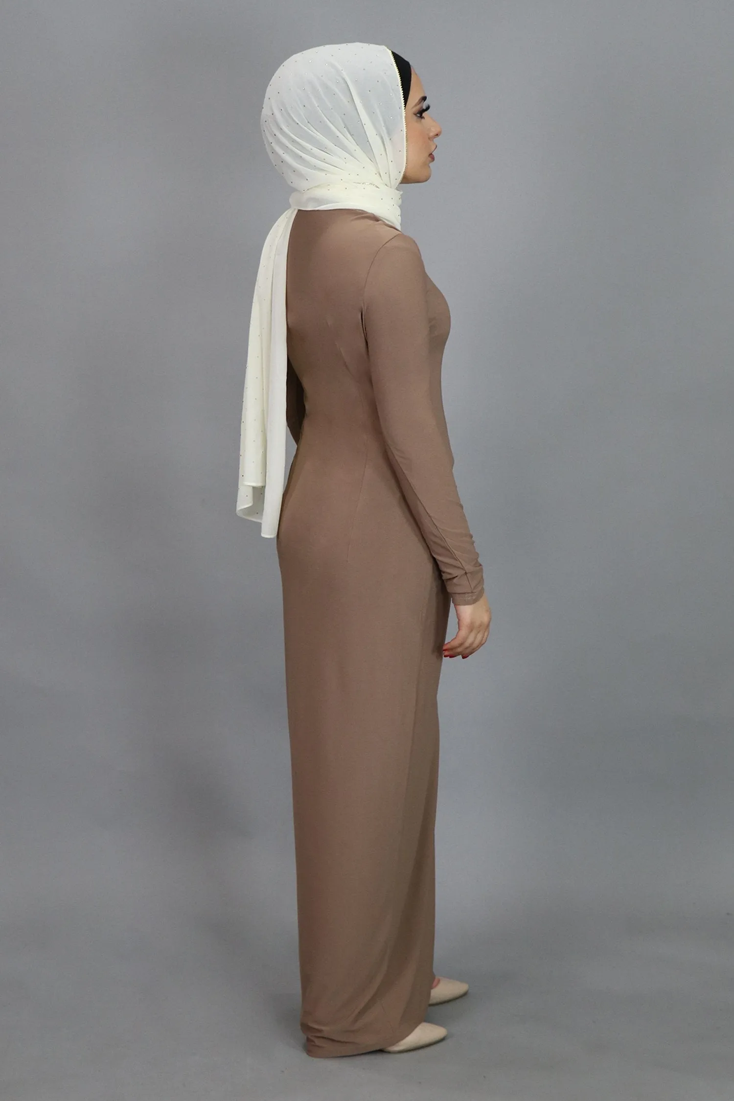 Tan Plain Fitted Spandex Maxi Dress