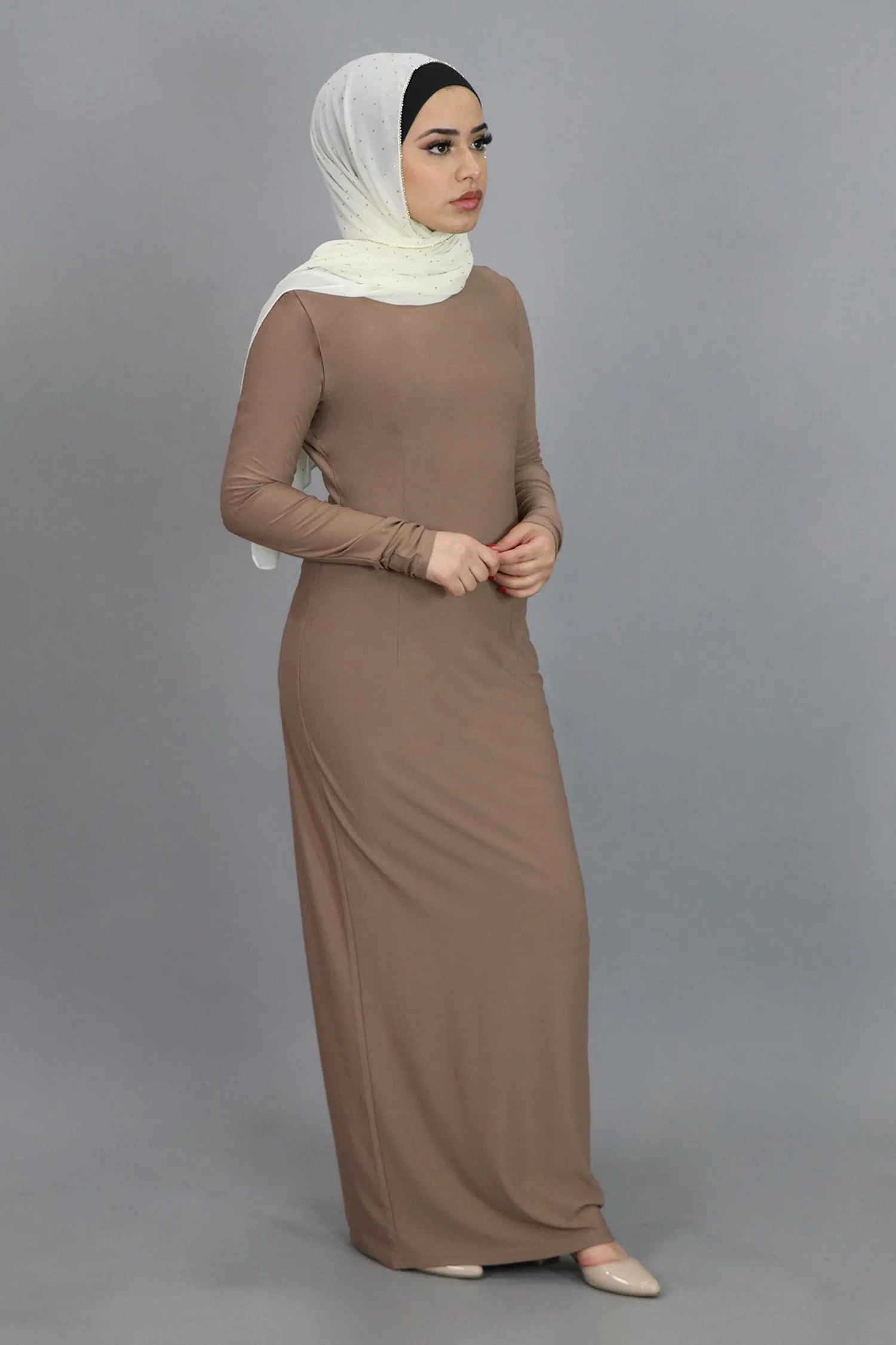 Tan Plain Fitted Spandex Maxi Dress