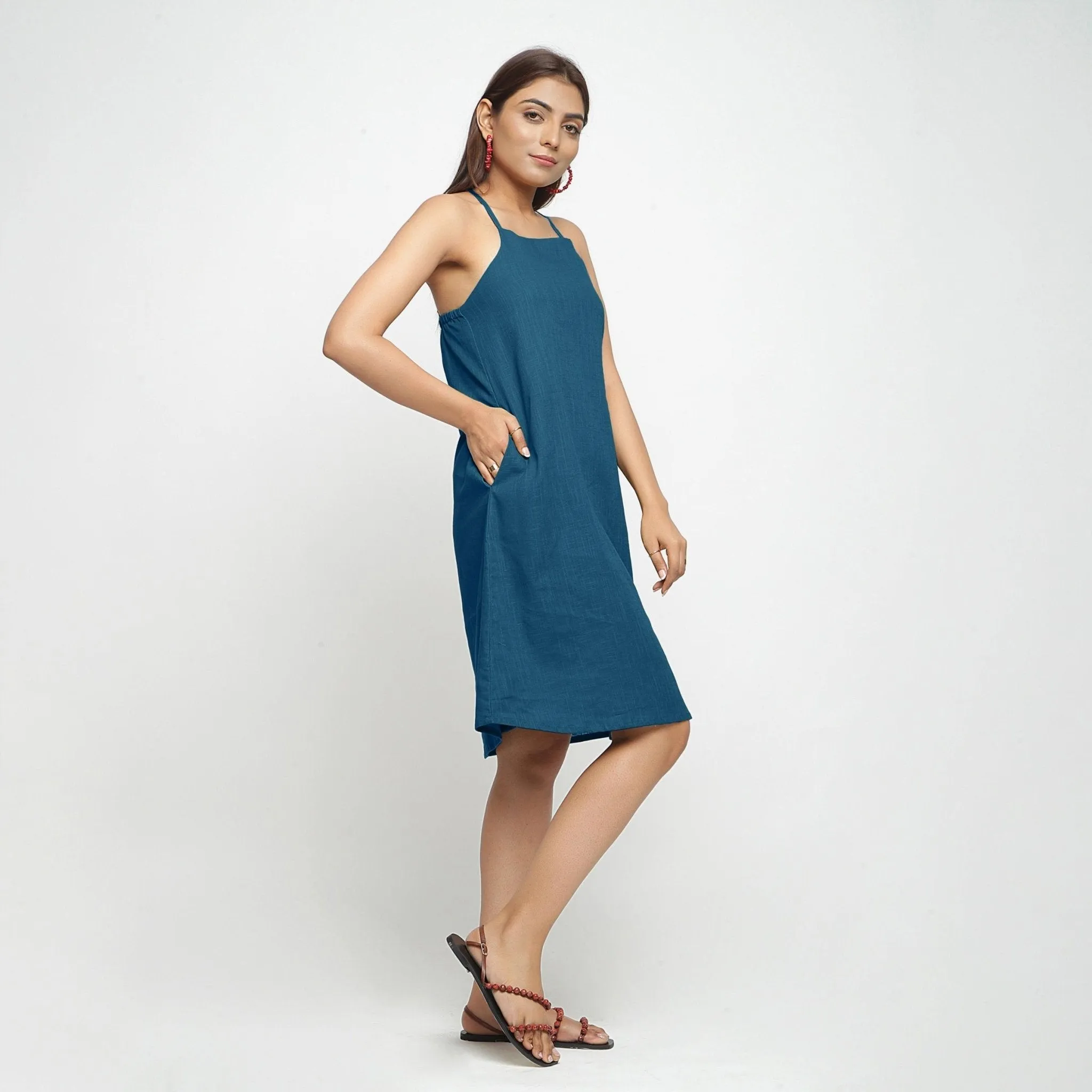 Teal Knee Length 100% Cotton Criss-Cross Dress