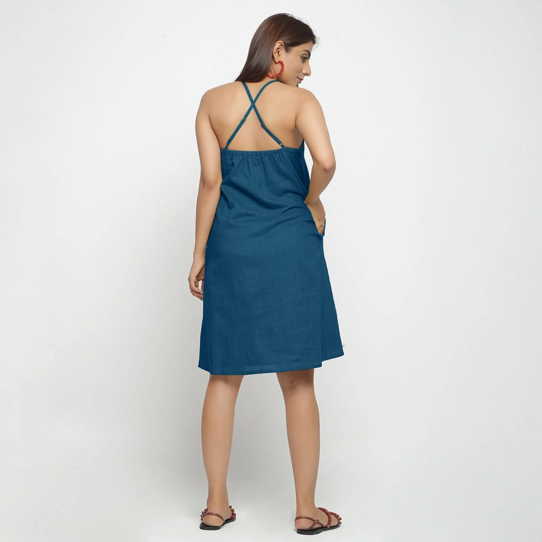 Teal Knee Length 100% Cotton Criss-Cross Dress
