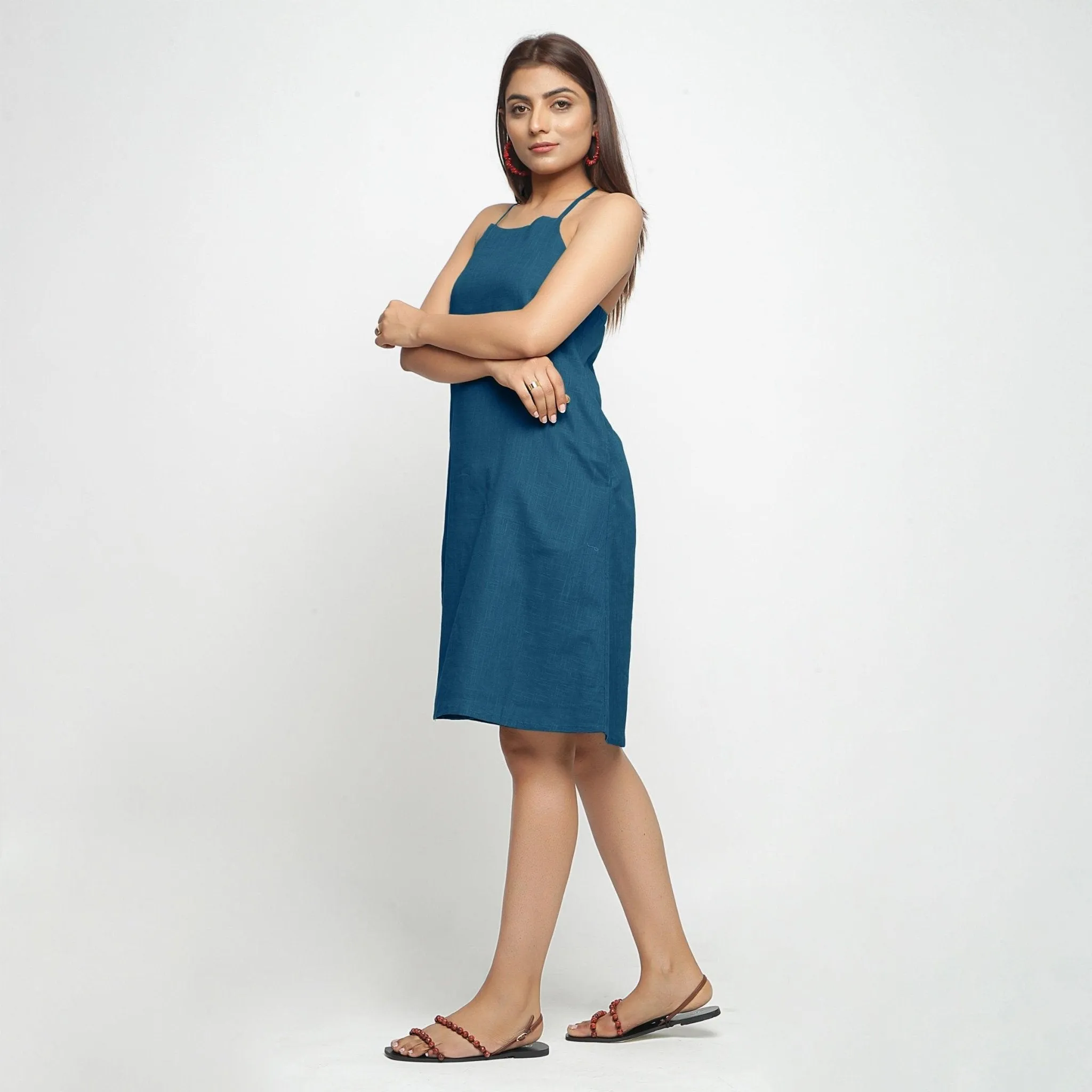 Teal Knee Length 100% Cotton Criss-Cross Dress