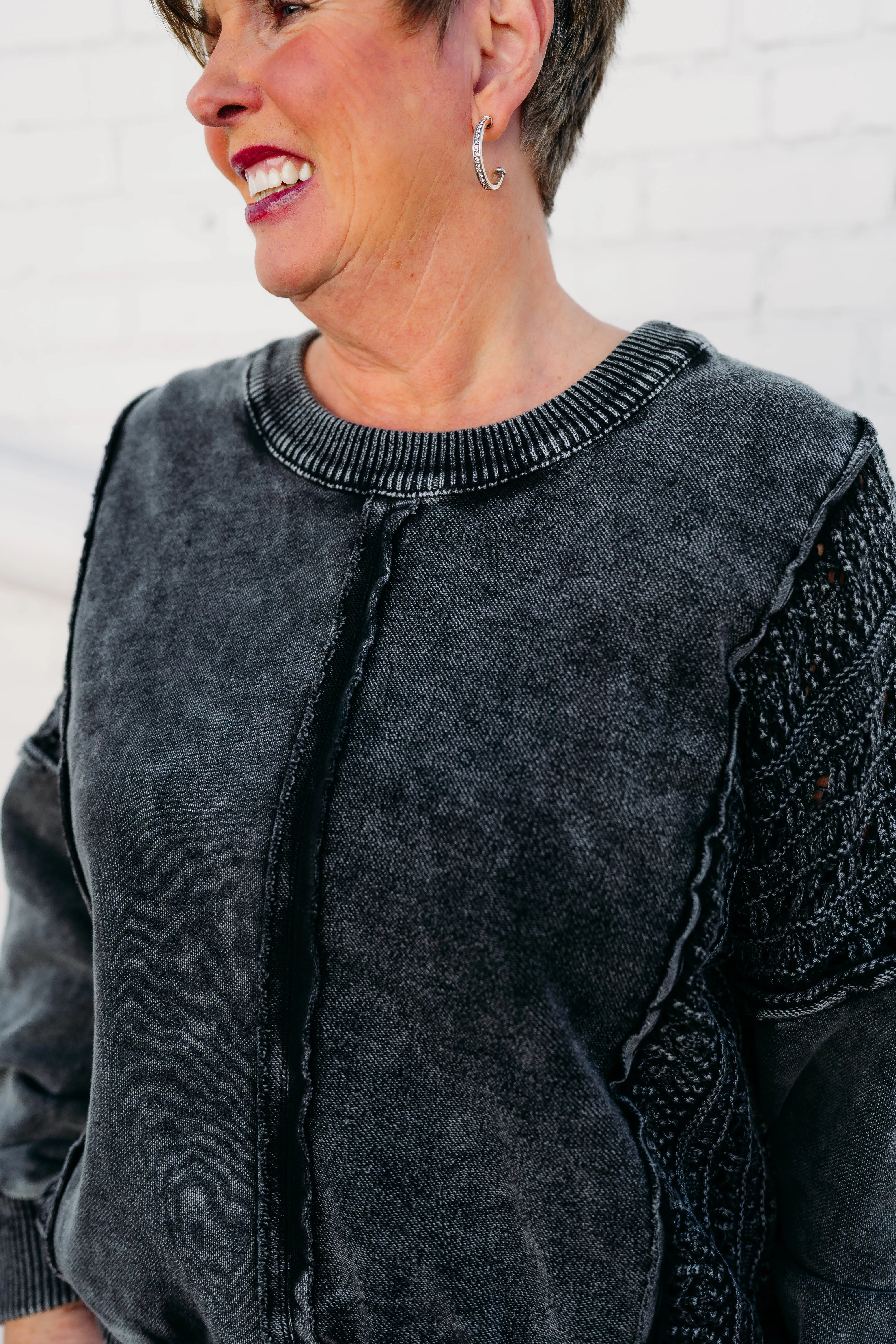 Tribal: Mixed Media Crew Neck Pullover in Black