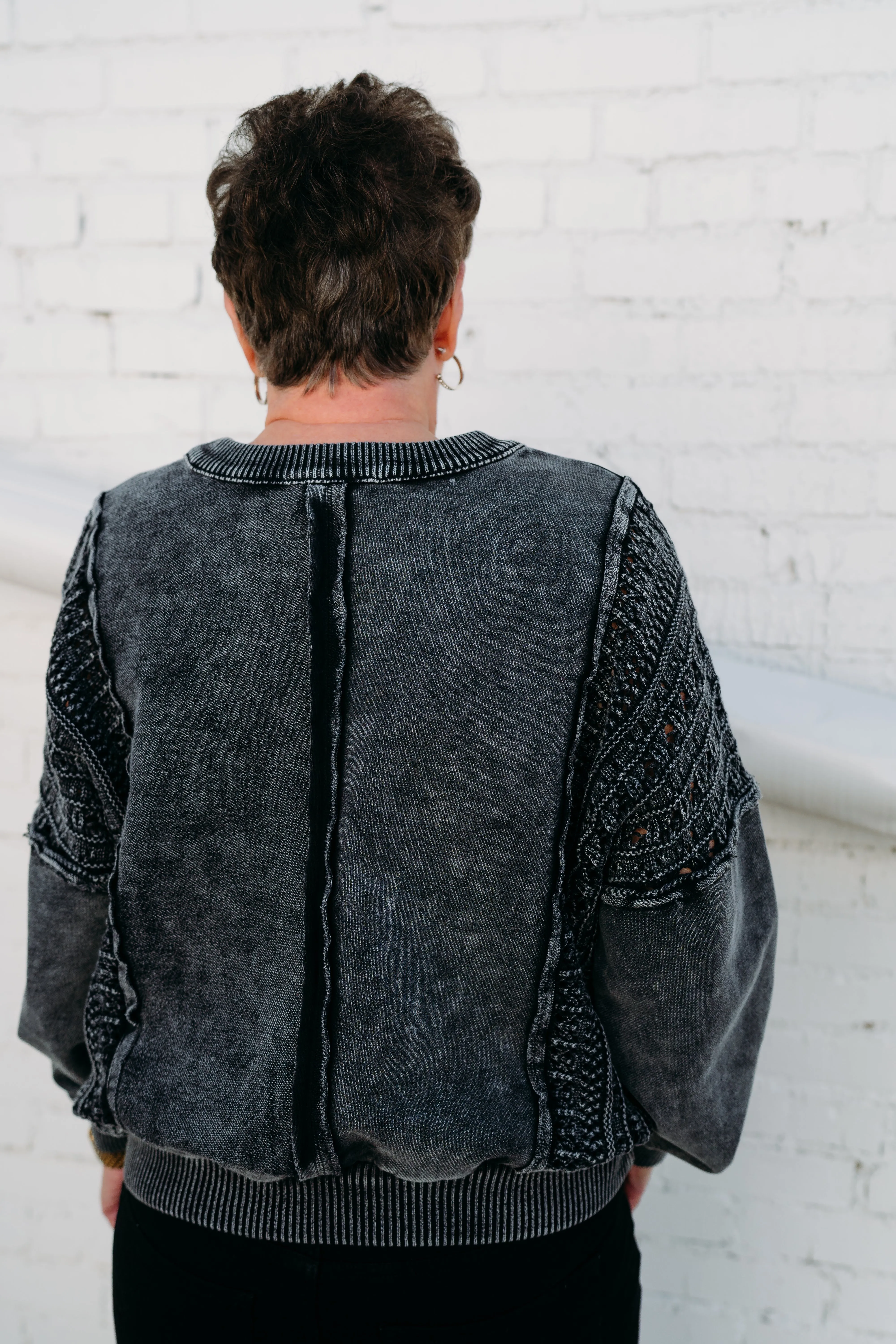 Tribal: Mixed Media Crew Neck Pullover in Black