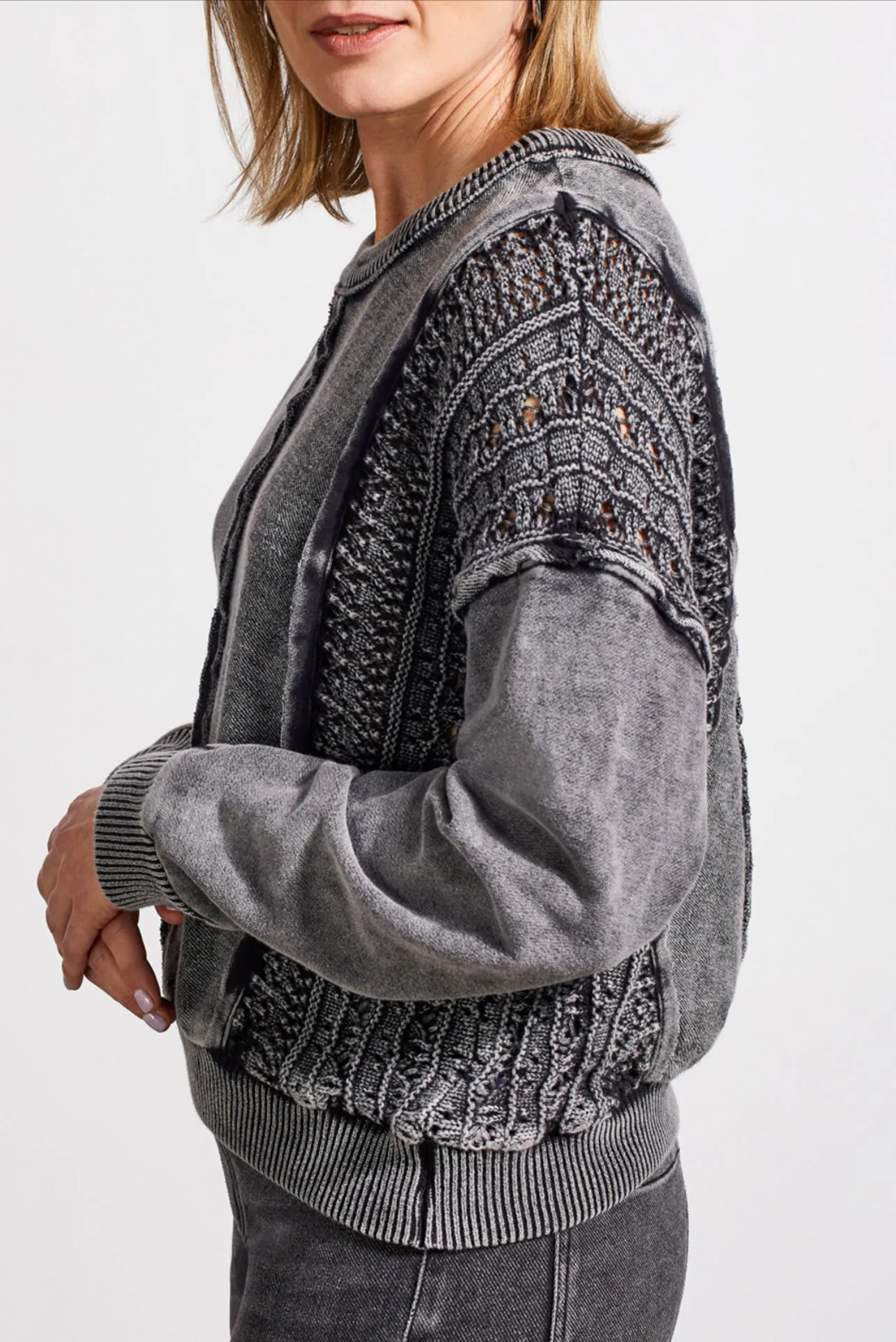 Tribal: Mixed Media Crew Neck Pullover in Black
