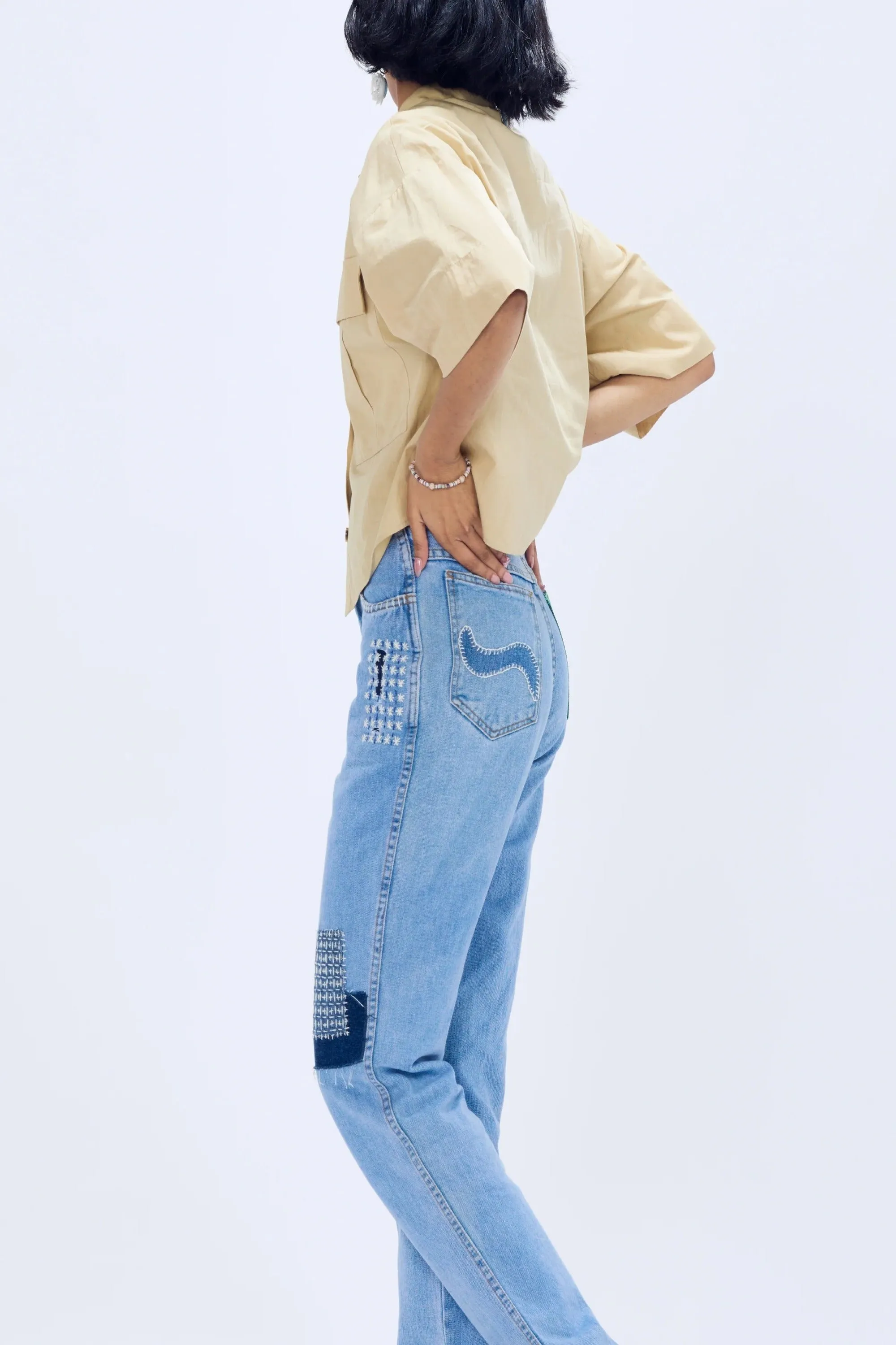 Un Denim - Sashiko Patchwork Mid Indigo Comfortable Women's Jeans