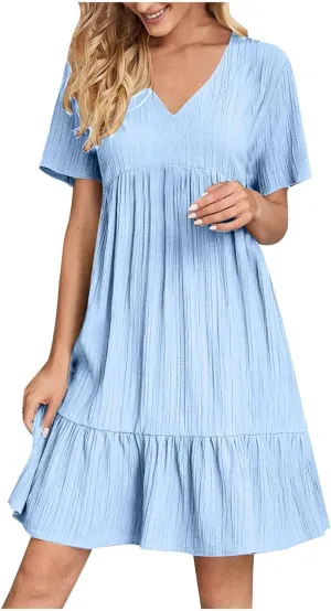 Vacation Dresses for Women 2025 Summer Loose Fit V Neck Short Sleeve Mini Dress Flowy Pleated Ruffle Hem Dress Vacation Dresses for Women 2025 Summer Loose Fit V Neck Short Sleeve Mini Dress Flowy Pleated Ruffle Hem Dress