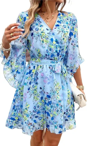 Women Casual Loose Vintage Bohemian Floral V-Neck Half Sleeve Summer Beach Swing Dress