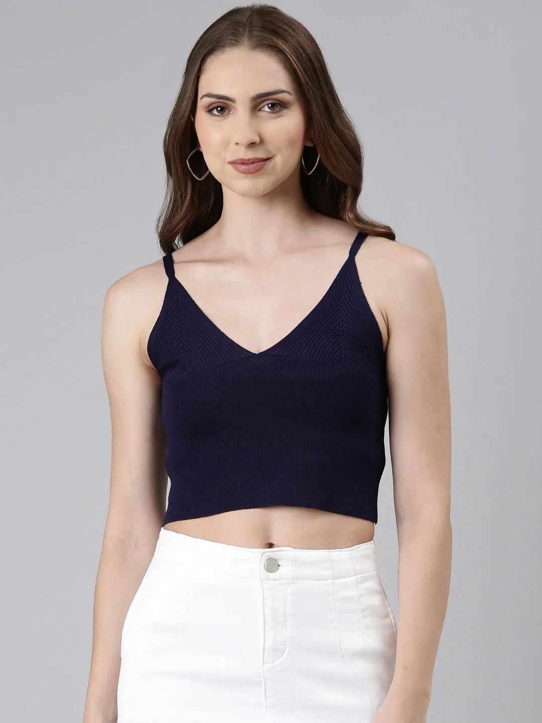 Women Navy Blue Shoulder Straps Cotton Crop Top