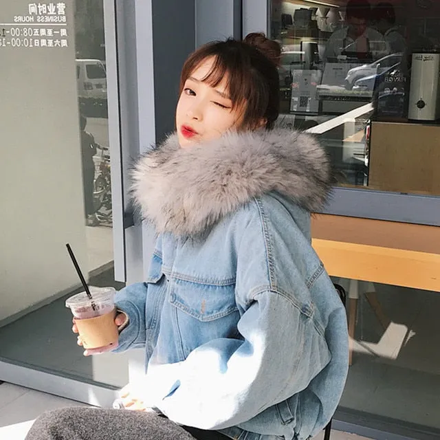 Women Warm Winter Bomber Spring Autumn Hooded Coat  Basic Jeans Denim Jackets