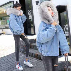 Women Warm Winter Bomber Spring Autumn Hooded Coat  Basic Jeans Denim Jackets