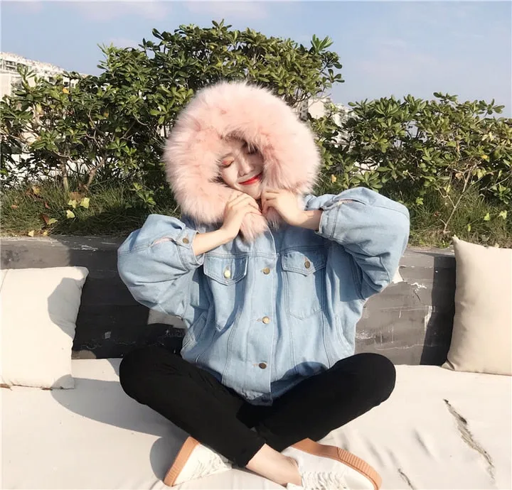 Women Warm Winter Bomber Spring Autumn Hooded Coat  Basic Jeans Denim Jackets