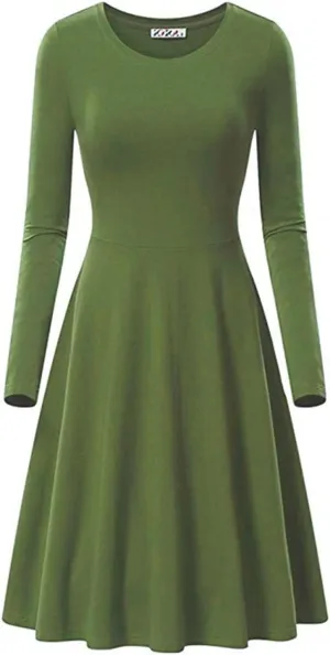 Womens 2025 Trendy Dresses Crew Neck Long Sleeve A Line Loose Casual Midi Dress Solid Coloer Swing Plus Size Dress