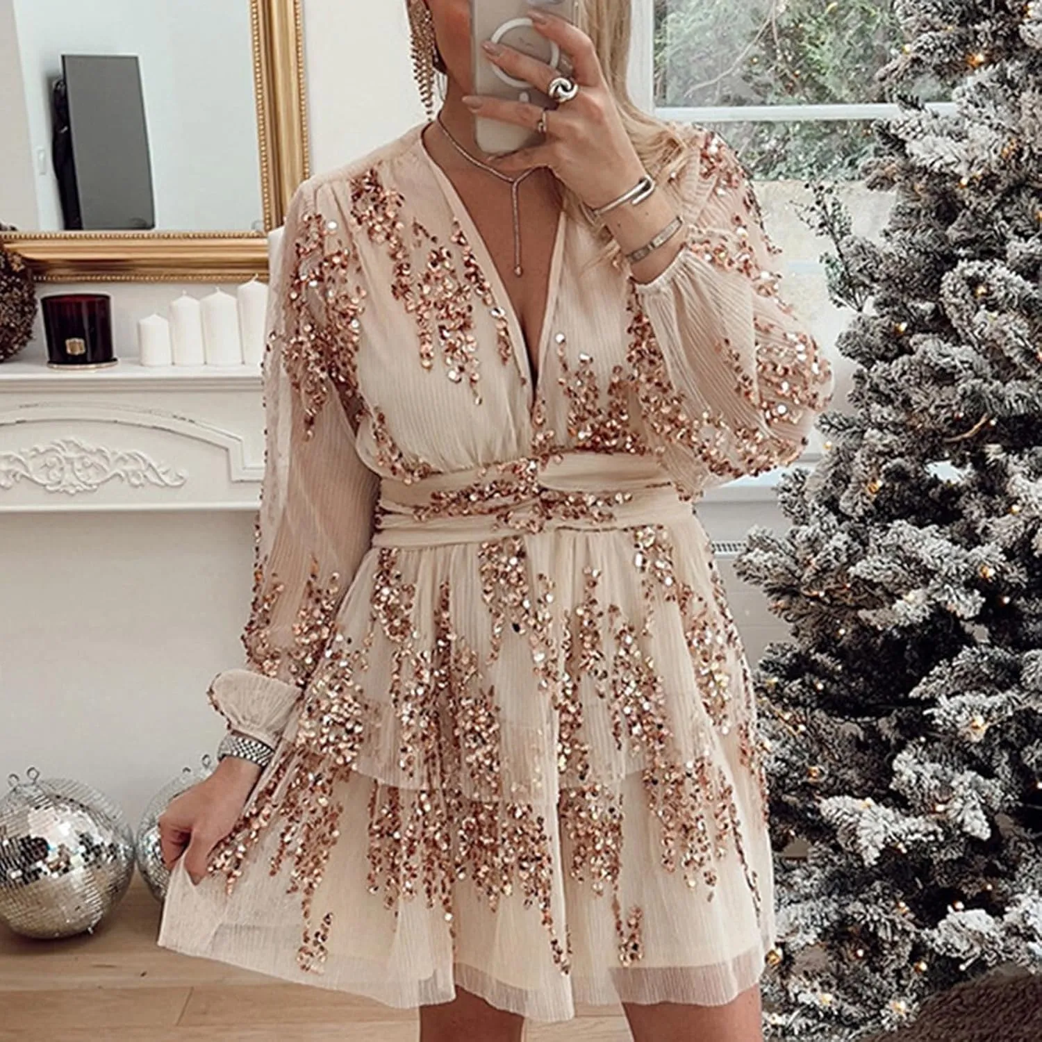 Women's Formal Dresses 2024 Summer Trendy Long Sleeve Lace Ruffle Layered Swing Short Mini Sundress with Pockets